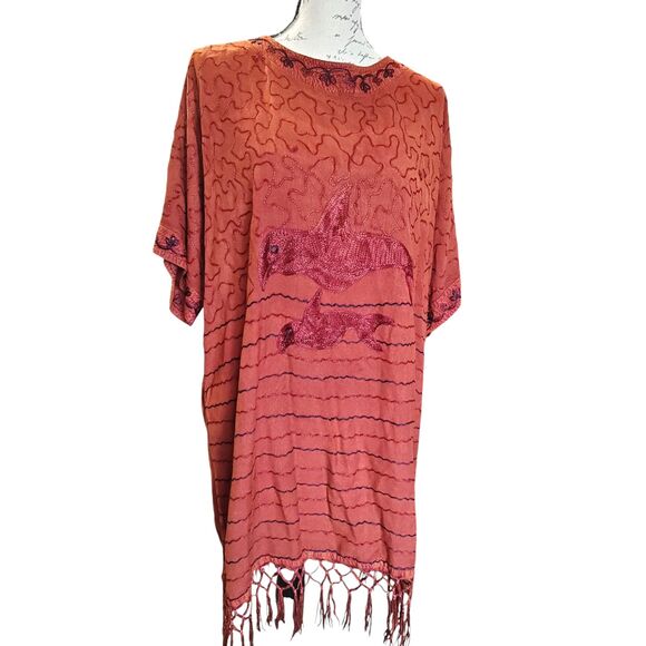 Just Cruising Burnt Orange Rayon Tunic One Size Embroidered Dolphins Cover Up - Picture 1 of 3